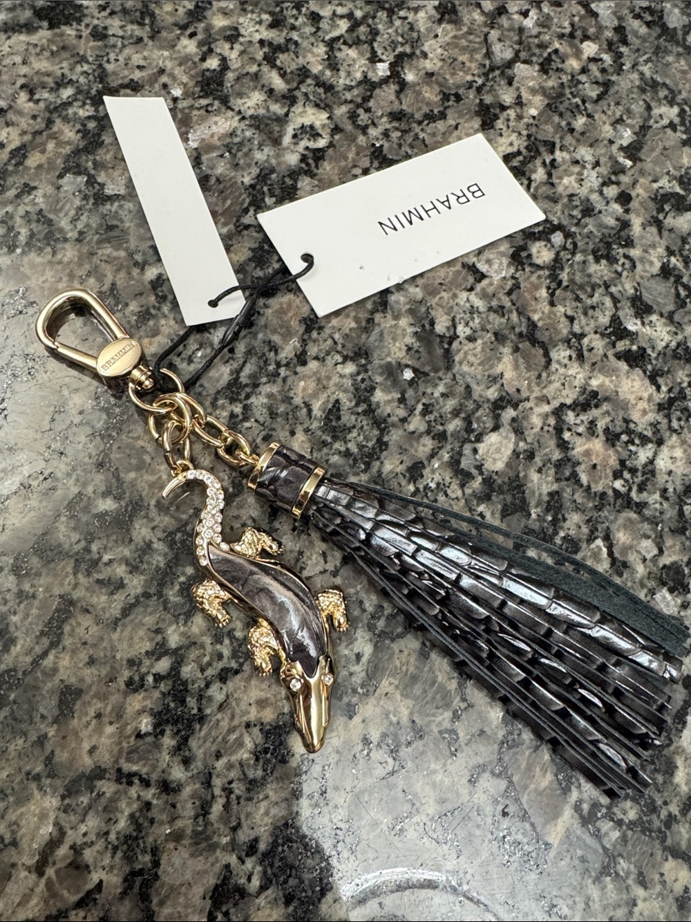 Brahmin Black leather gold Metallic Tassel Croc Charm Keychain bag charm NWT